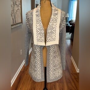 Talbot’s cashmere wool open front Fair Isle gray white Nordic cardigan, Sp